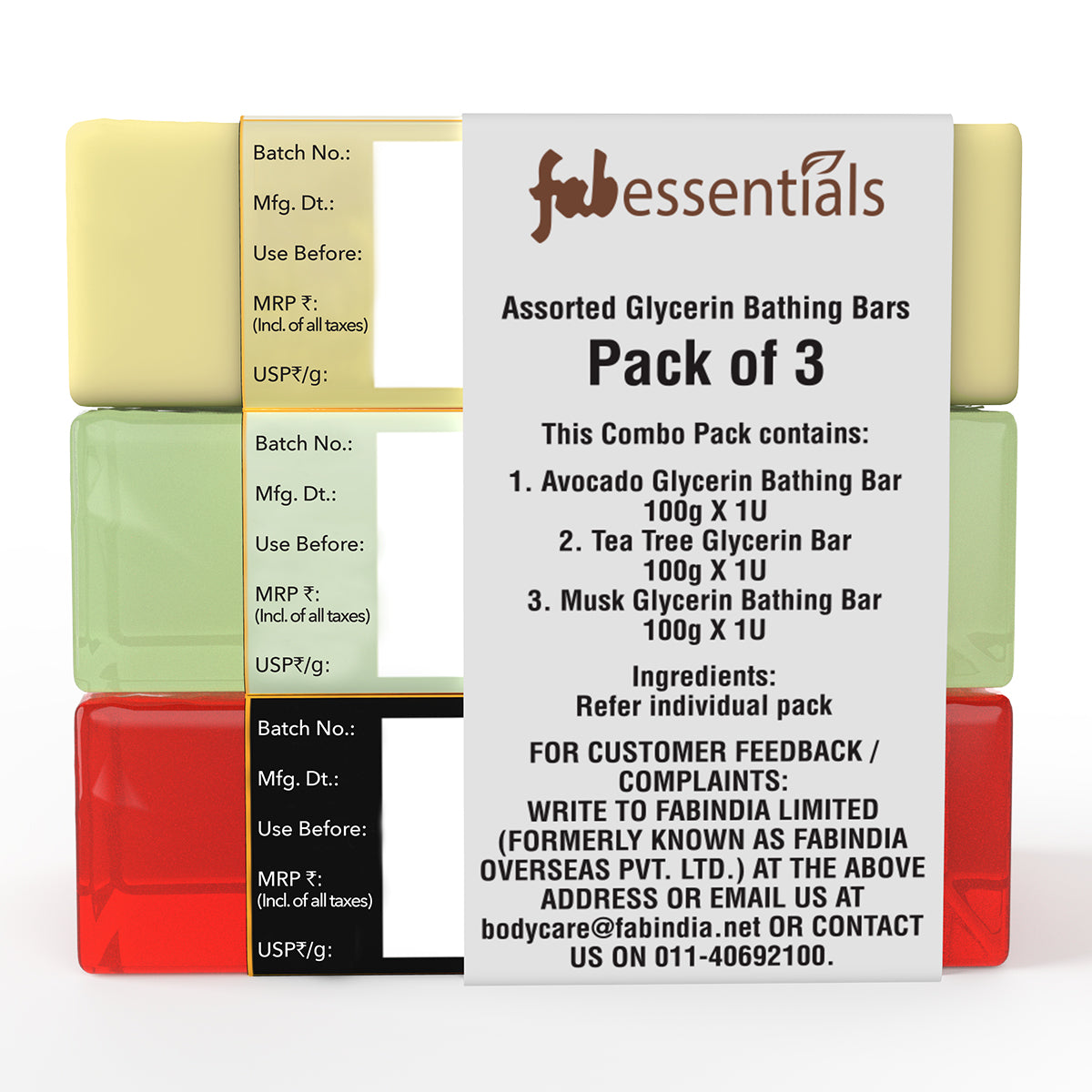 Assorted Glycerin Bathing Bars with Avocado, Tea Tree & Musk - 100 gm X 3