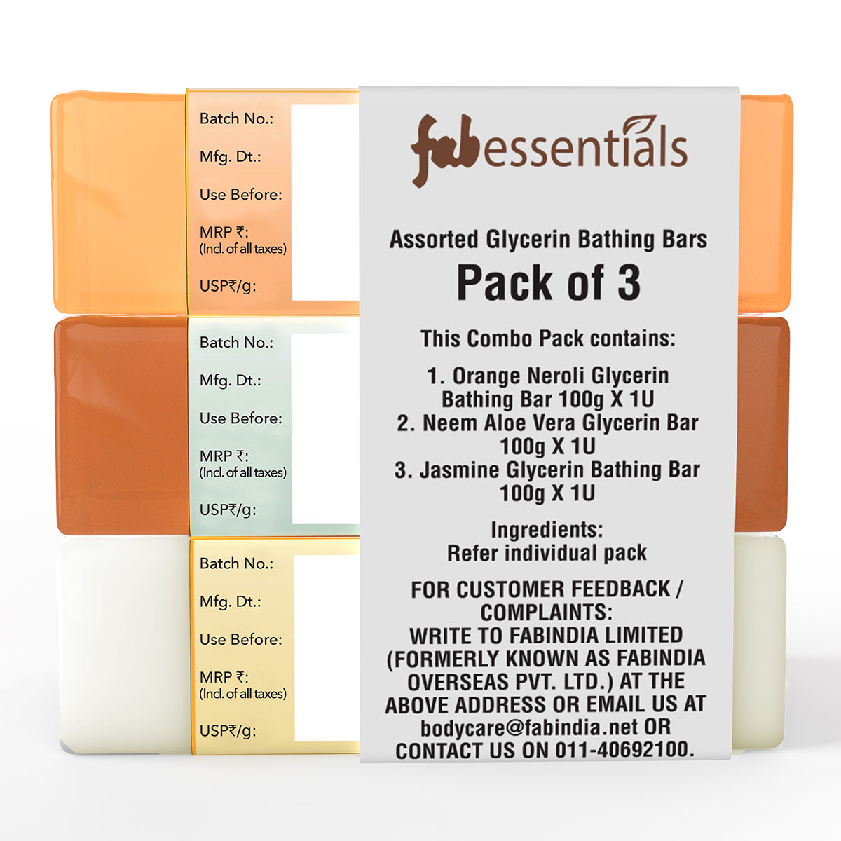Assorted Glycerin Bathing Bars with Orange Neroli, Neem & Aloe Vera - 100 gm X 3