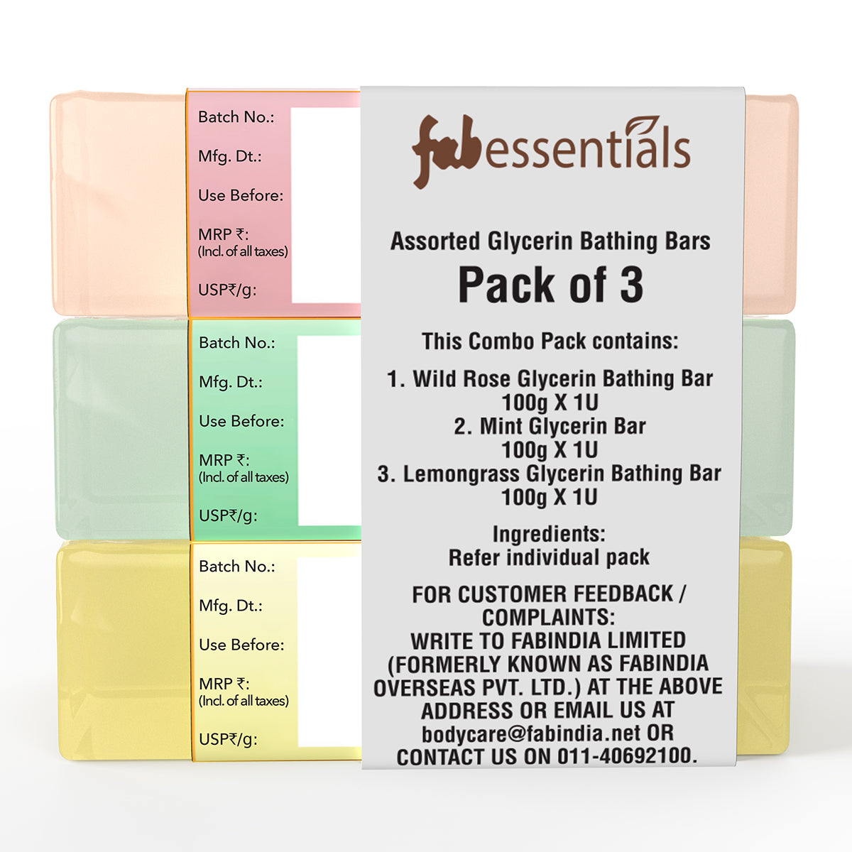 Assorted Glycerin Bathing Bars with Wild Rose, Mint & Lemongrass - 100 gm X 3